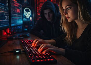 Keylogger sul tuo computer e il rischio reale per i tuoi dati 5 Keylogger sul tuo computer - Illustrazione di un keylogger su un computer, che mostra una persona che usa una tastiera mentre un aggressore la monitora in background, a rappresentare malware, furto di password e minacce alla sicurezza informatica.