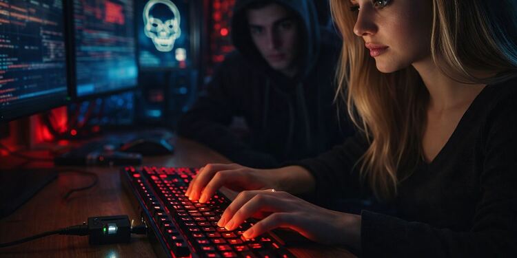 Keyloggers En Tu Ordenador - Ilustración de un keylogger en un ordenador, mostrando a una persona usando un teclado mientras un atacante monitorea en segundo plano, representando malware, robo de contraseñas y amenazas de ciberseguridad.