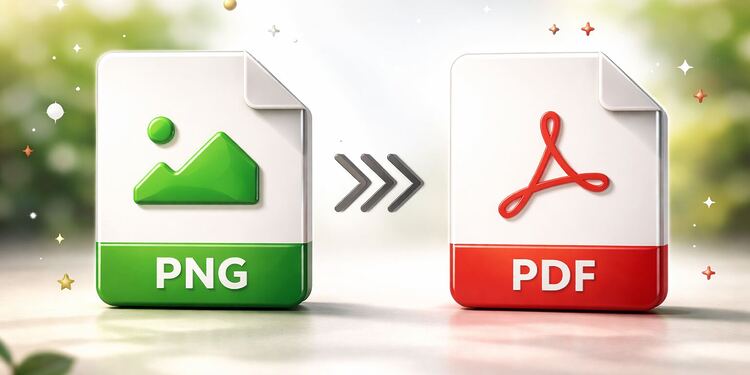 Métodos PNG a PDF - Ilustración de métodos para convertir archivos PNG a PDF, mostrando iconos de PNG y PDF con una flecha de conversión entre ambos formatos.
