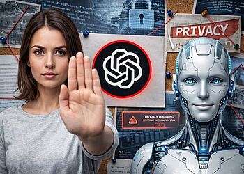 La privacy in ChatGPT e la vera portata dei suoi ricordi 7 Privacy in ChatGPT - Persona che mostra un segnale di stop accanto a un'intelligenza artificiale simile a un robot e al logo di ChatGPT, che rappresentano la privacy, la protezione dei dati e la sicurezza delle informazioni in ChatGPT.