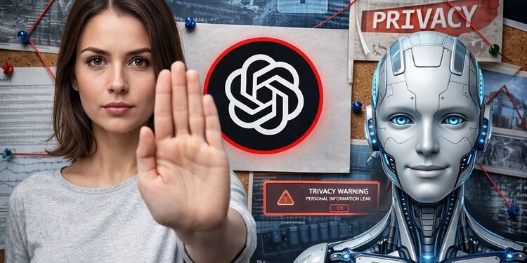 Privacidad En ChatGPT - Persona mostrando señal de alto junto a una inteligencia artificial tipo robot y el logo de ChatGPT, representando la privacidad, protección de datos y seguridad de la información en ChatGPT.