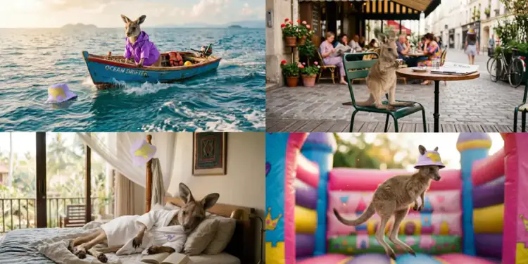 Gobernanza Nano Banana 2 - whimsical kangaroo scenes featuring a kangaroo in a boat at sea, sitting at a café, relaxing in a bedroom, and jumping in a colorful inflatable castle, creative surreal animal photography collage.