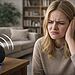 Activación accidental Echo - Mujer molesta por la activación accidental de Alexa en un altavoz Amazon Echo dentro de una sala de estar doméstica.