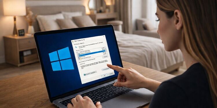 Gestión espacio Windows - Usuario gestionando el espacio en disco de Windows desde un portátil, optimizando almacenamiento y liberando espacio sin perder funciones críticas del sistema.