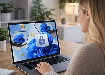 PowerToys 주요 기능 - Windows 11이 설치된 노트북에서 PowerToys를 사용하는 사용자의 모습입니다. Windows에 기본적으로 포함되어야 할 주요 생산성 및 보안 기능을 보여줍니다.