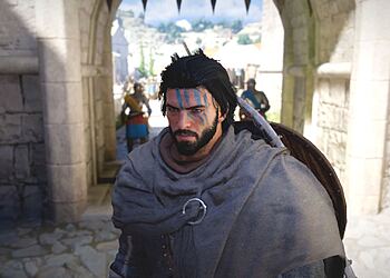 Hernand Castle Crimson Desert: guerrero con pintura facial azul entrando al castillo, acceso hacia la cámara del alquimista en escenario medieval.