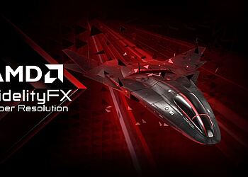 FSR 4.1 AMD: ilustración promocional de FidelityFX Super Resolution con diseño futurista en rojo y negro, destacando mejoras de rendimiento y calidad en GPUs RDNA 4.