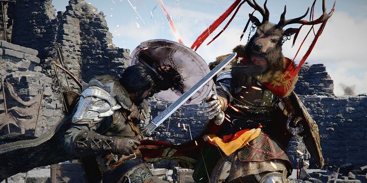 Incompatibilidad Crimson Desert Intel Arc - Crimson Desert gameplay showing intense sword combat between a warrior and a horned enemy, illustrating Intel Arc GPU incompatibility issues and performance errors in the game.