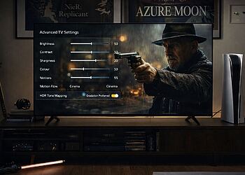 Ajustes avanzados de TV en pantalla con configuración de brillo, contraste, nitidez, color, motion flow y HDR tone mapping en un televisor 4K UHD mostrando una escena cinematográfica en alta definición.