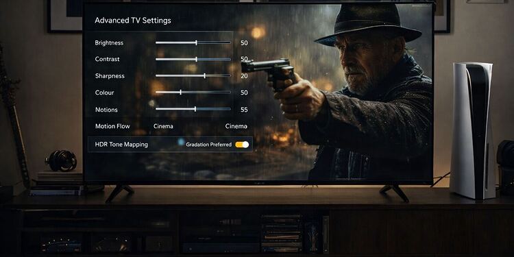 Ajustes avanzados de TV en pantalla con configuración de brillo, contraste, nitidez, color, motion flow y HDR tone mapping en un televisor 4K UHD mostrando una escena cinematográfica en alta definición.