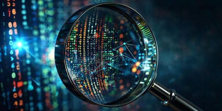 Escáner de secretos Betterleaks mostrando una lupa analizando código digital y datos cifrados en una red tecnológica, concepto de ciberseguridad y detección de vulnerabilidades.