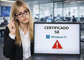 Expiración Secure Boot en Windows 11 mostrando advertencia de certificado SB vencido en pantalla de portátil en oficina corporativa.