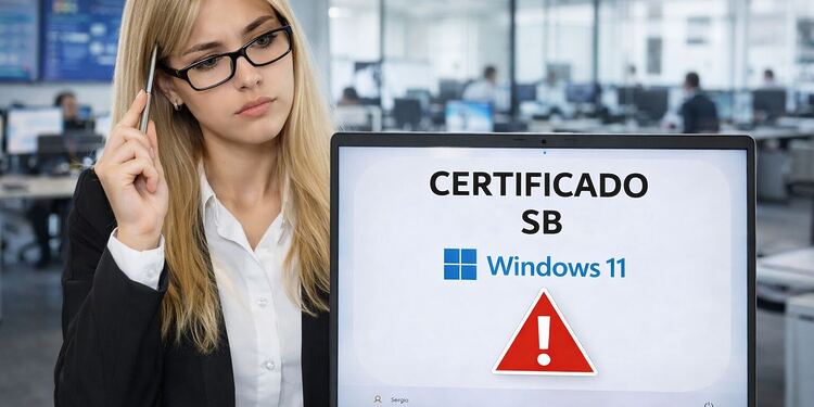 Expiración Secure Boot en Windows 11 mostrando advertencia de certificado SB vencido en pantalla de portátil en oficina corporativa.