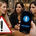 Grabación de voz de Google - Mujeres conversando en una mesa mientras un smartphone muestra una interfaz de micrófono y onda de audio, ilustrando la función de **grabación de voz de Google** y posibles advertencias de privacidad al grabar conversaciones.