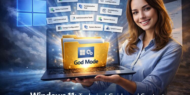 Modo Dios Windows 11: mujer sosteniendo laptop con carpeta “God Mode” y opciones avanzadas del sistema para configuración, herramientas administrativas y optimización del PC.