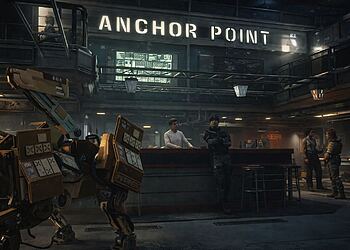 Prioridades de desarrollo Starfield: escena en Anchor Point con personajes en un bar espacial futurista y robot industrial en un entorno de ciencia ficción del videojuego de Bethesda.