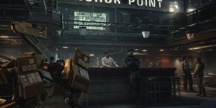Prioridades de desarrollo Starfield: escena en Anchor Point con personajes en un bar espacial futurista y robot industrial en un entorno de ciencia ficción del videojuego de Bethesda.