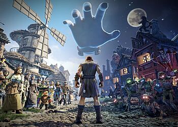 Masters of Albion Early Access gameplay screenshot showing a hero facing villagers and glowing undead enemies in a fantasy medieval town under a giant spectral hand, highlighting the game’s ambition and risks