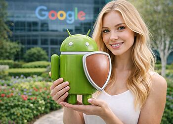 Advanced Flow Android: mujer sosteniendo la mascota de Android con un escudo frente a las oficinas de Google, representando el equilibrio entre apertura, seguridad y control en el sistema operativo Android.