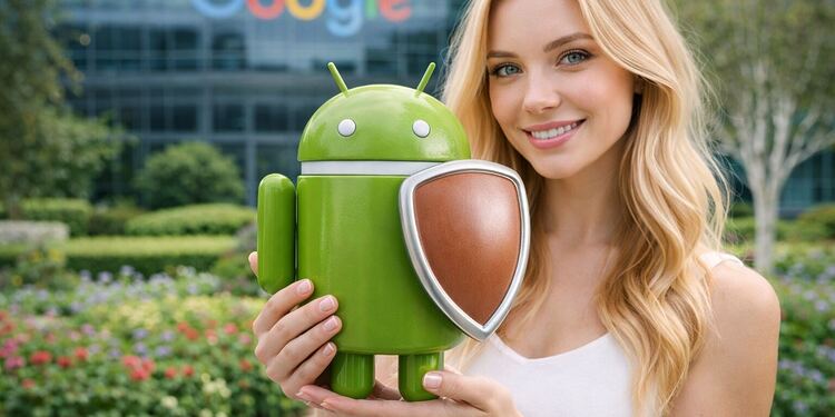 Advanced Flow Android: mujer sosteniendo la mascota de Android con un escudo frente a las oficinas de Google, representando el equilibrio entre apertura, seguridad y control en el sistema operativo Android.