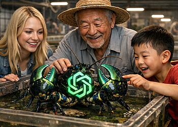 Agente autónomo OpenClaw representado como una langosta robótica con logotipo verde brillante de IA, observada por una familia sonriente en un acuario tecnológico, concepto de inteligencia artificial autónoma y robótica avanzada.