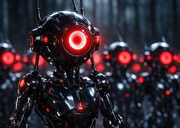 Infraestructura C2 botnet representada por una red de robots con ojos rojos conectados, simbolizando servidores de comando y control utilizados en ataques de malware y ciberseguridad.