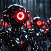 Infraestructura C2 botnet representada por una red de robots con ojos rojos conectados, simbolizando servidores de comando y control utilizados en ataques de malware y ciberseguridad.