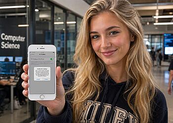 Llamadas WiFi iPhone. Mujer mostrando en un iPhone la opción de Llamadas WiFi activada en los ajustes, guía sobre cómo activar y usar las llamadas WiFi en iPhone paso a paso.