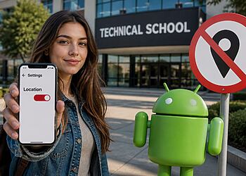 DNS privado en Android: mujer mostrando ajustes de ubicación desactivados en su smartphone junto al logo de Android y señal de prohibido rastreo, ilustrando cómo reducir el rastreo y mejorar la privacidad en Android.
