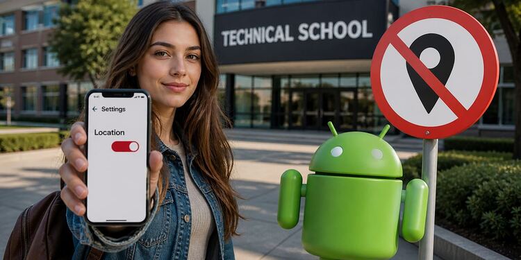 DNS privado en Android: mujer mostrando ajustes de ubicación desactivados en su smartphone junto al logo de Android y señal de prohibido rastreo, ilustrando cómo reducir el rastreo y mejorar la privacidad en Android.