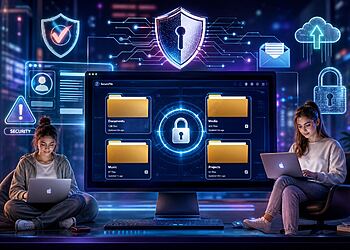 Herramienta DMARC lookup para proteger tu dominio con verificación de seguridad, autenticación de correo electrónico y panel de ciberseguridad con iconos de candado y escudo en pantalla digital.