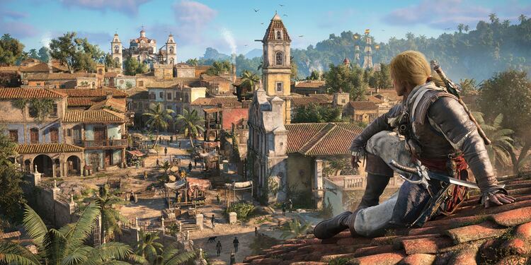 Assassin’s Creed Black Flag Resynced: protagonista pirata observando una ciudad colonial caribeña con barcos en el puerto y arquitectura histórica, mostrando mejoras visuales y cambios clave del juego