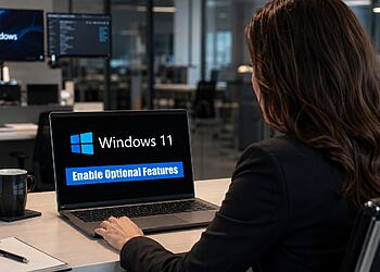 Funciones opcionales Windows 11 - Mujer trabajando en portátil con Windows 11 activando funciones opcionales en la configuración del sistema, guía sobre cuándo activar o desactivar características opcionales de Windows 11 en entorno de oficina moderno