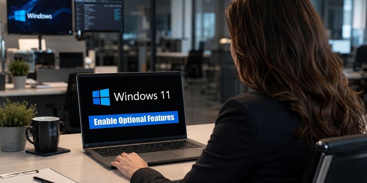 Funciones opcionales Windows 11 - Mujer trabajando en portátil con Windows 11 activando funciones opcionales en la configuración del sistema, guía sobre cuándo activar o desactivar características opcionales de Windows 11 en entorno de oficina moderno