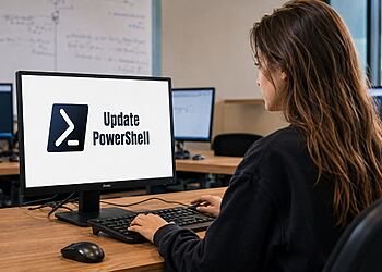 Actualizar PowerShell en Windows - Mujer actualizando PowerShell en Windows desde un ordenador, con el logotipo de PowerShell y el texto «Update PowerShell» en la pantalla.