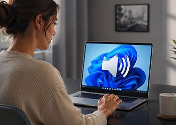 Balance de audio en Windows 11 - Mujer ajustando el balance de audio en un portátil con Windows 11, guía rápida para configurar el sonido.