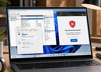 Bloquear sitios Windows - Portátil con Windows 11 mostrando el Firewall de Windows Defender y una regla para bloquear sitios web, junto a un navegador con acceso denegado.