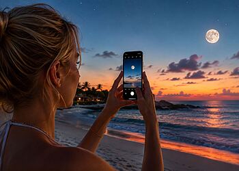 Fotos lunares con iPhone - Mujer fotografiando la luna llena con un iPhone en una playa al atardecer, aplicando trucos para captar sus detalles.