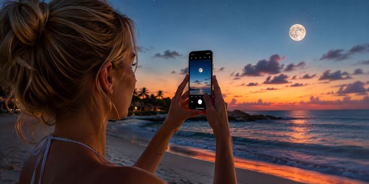 Fotos lunares con iPhone - Mujer fotografiando la luna llena con un iPhone en una playa al atardecer, aplicando trucos para captar sus detalles.