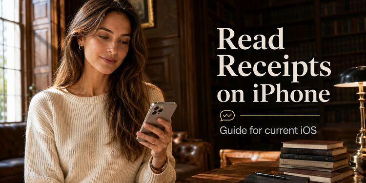 Mensajes leídos en iPhone - Mujer leyendo mensajes en un iPhone junto al texto “Read Receipts on iPhone”, guía para gestionar confirmaciones de lectura en iOS actual.
