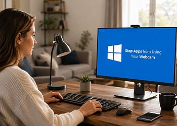 Privacidad de la webcam - Mujer frente a un ordenador con Windows 11 y webcam, configurando la privacidad para impedir que las aplicaciones usen la cámara.