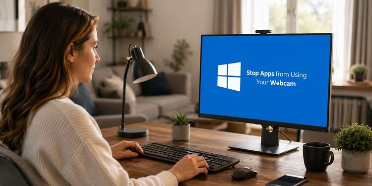 Privacidad de la webcam - Mujer frente a un ordenador con Windows 11 y webcam, configurando la privacidad para impedir que las aplicaciones usen la cámara.