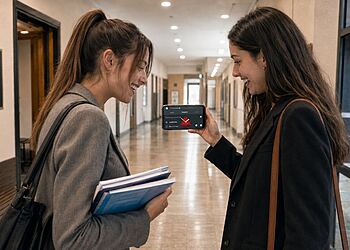Volumen de Android - Dos estudiantes consultan en un teléfono Android una aplicación para ajustar el volumen según un horario en el pasillo de una facultad de Derecho.