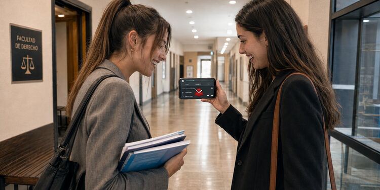 Volumen de Android - Dos estudiantes consultan en un teléfono Android una aplicación para ajustar el volumen según un horario en el pasillo de una facultad de Derecho.