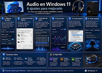 Audio en Windows 11 - Infografía sobre cómo mejorar el audio en Windows 11 con 6 ajustes: mejoras de audio, panel de sonido clásico, formato de salida, ecualizador, controladores y audio espacial.