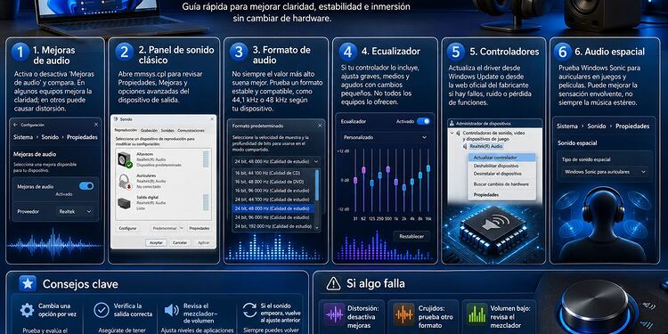 Audio en Windows 11 - Infografía sobre cómo mejorar el audio en Windows 11 con 6 ajustes: mejoras de audio, panel de sonido clásico, formato de salida, ecualizador, controladores y audio espacial.